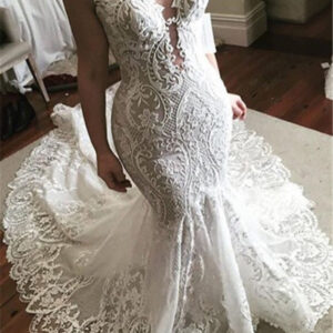wholesale lace fit and flare wedding dress glamorous sheer tulle bridal gowns with buttons showprettydress